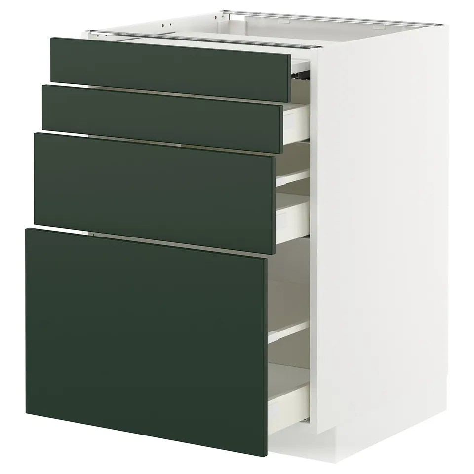 Modern kitchen unit with green drawers and white frame for ample storage.