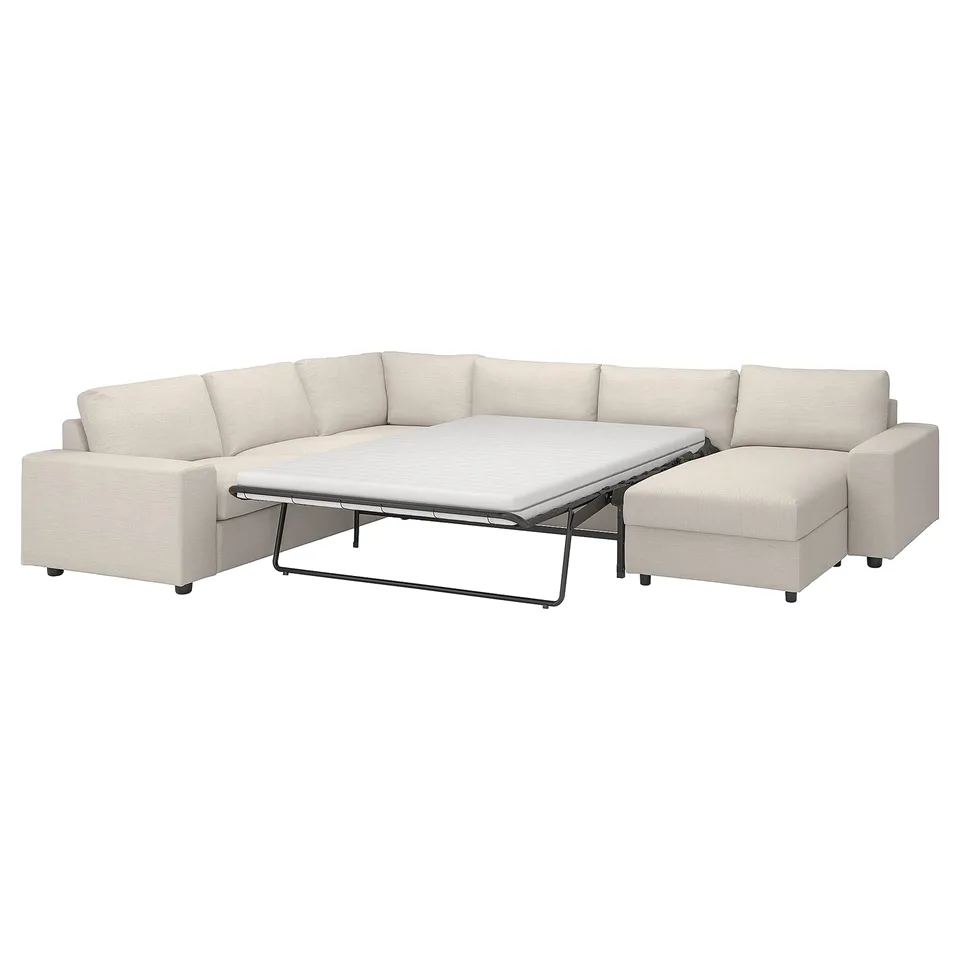 Beige VIMLE sectional sofa-bed with chaise, storage ottoman, modern design.
