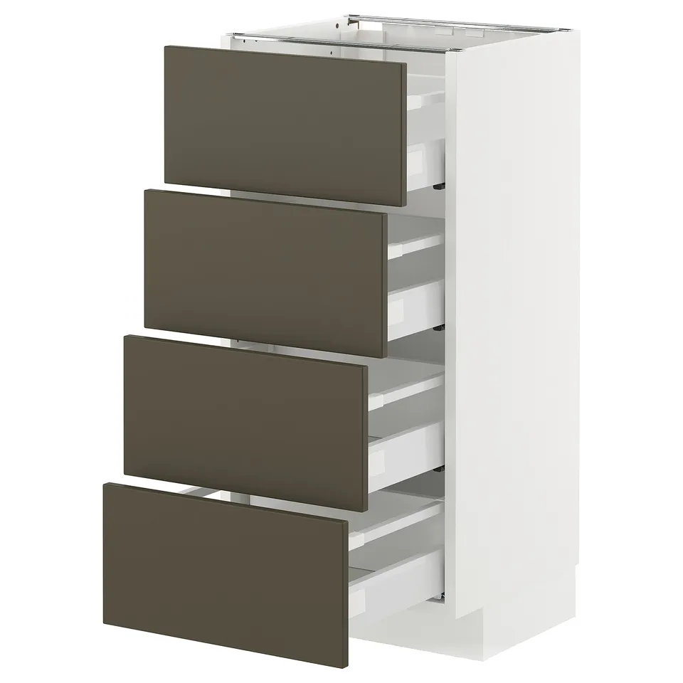A white METOD cabinet with dark brown drawer fronts featuring a modern minimalist design.