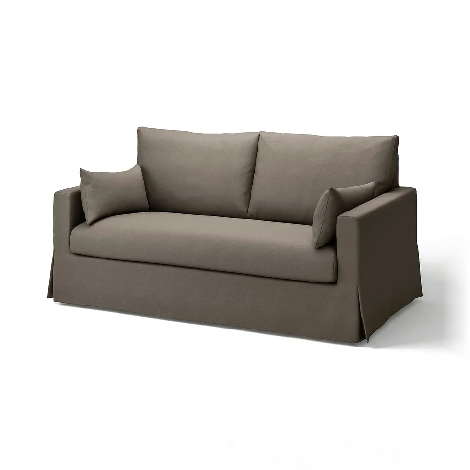 Grey HYLTARP sofa with think cushions, sleek design, linen blend fabric.