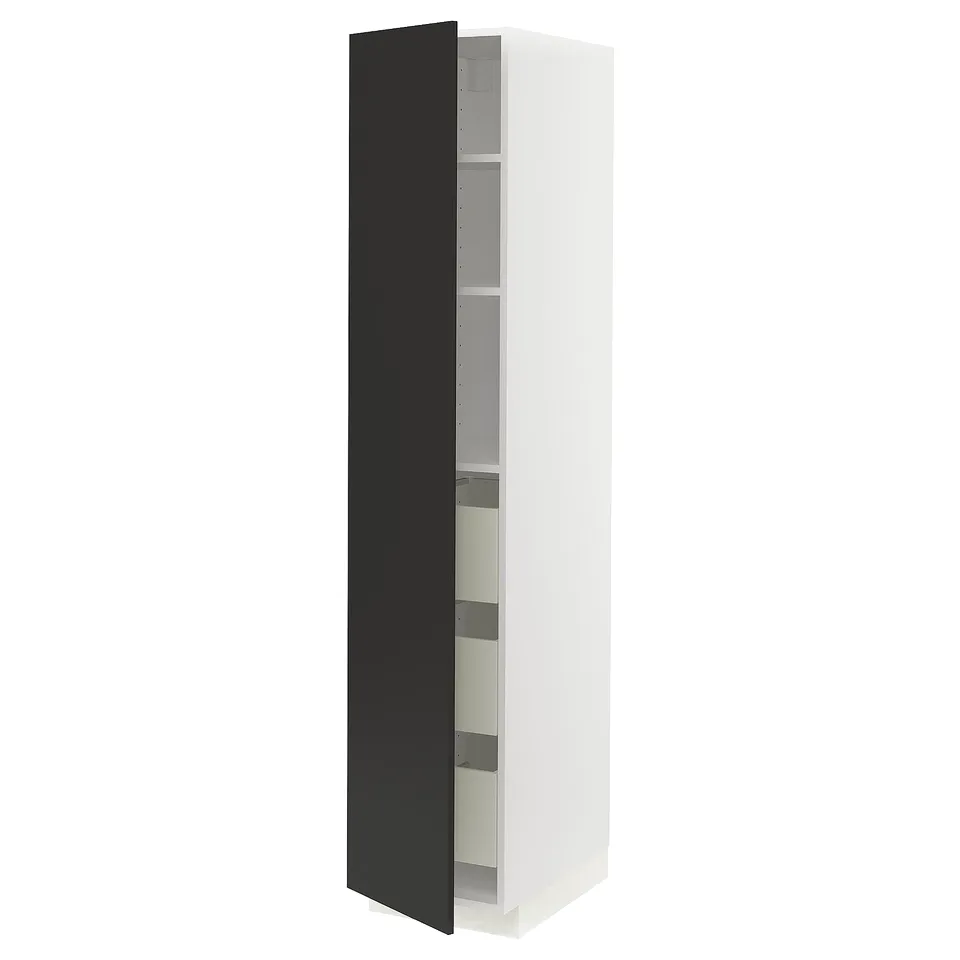 A tall, white METOD cabinet with black doors, featuring adjustable shelves.