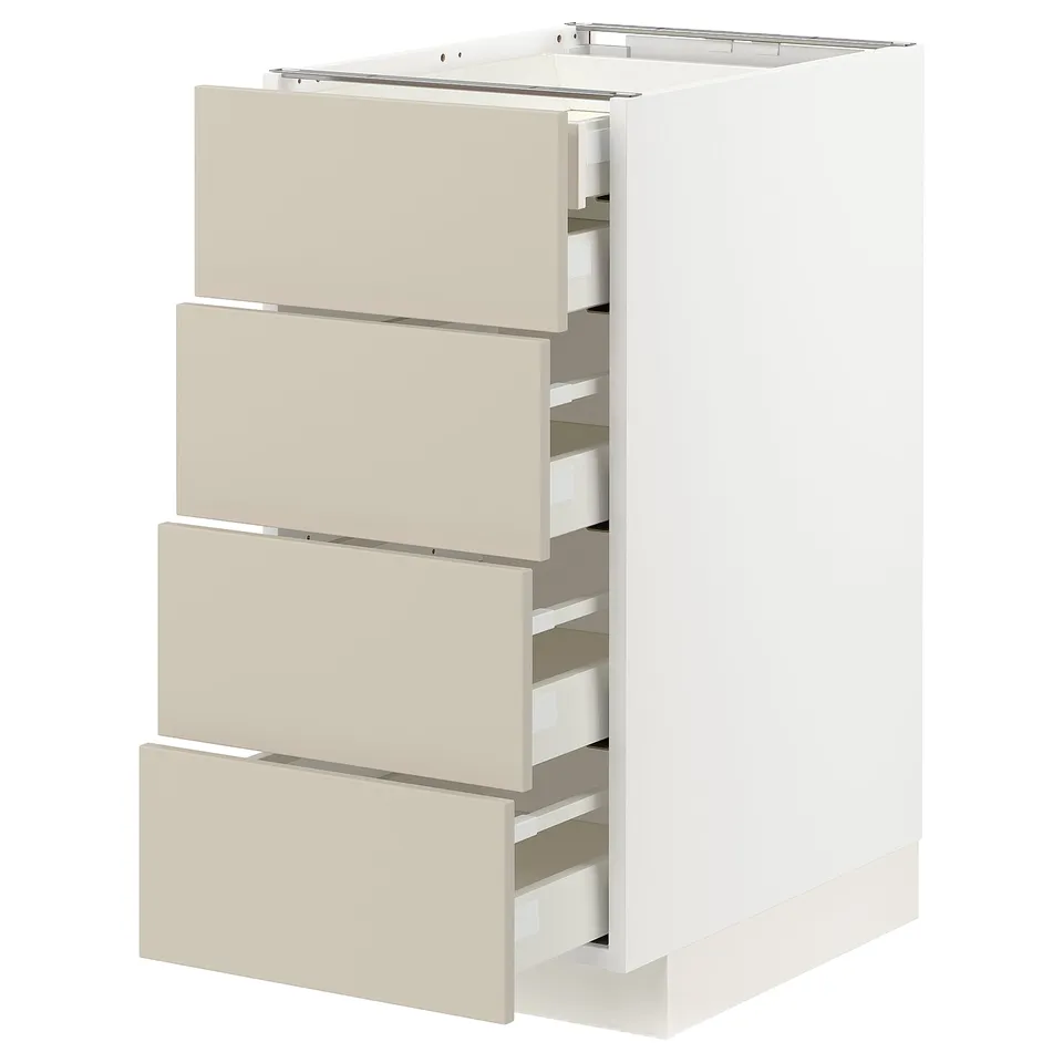 White cabinet with four beige drawers, sleek and modern design.