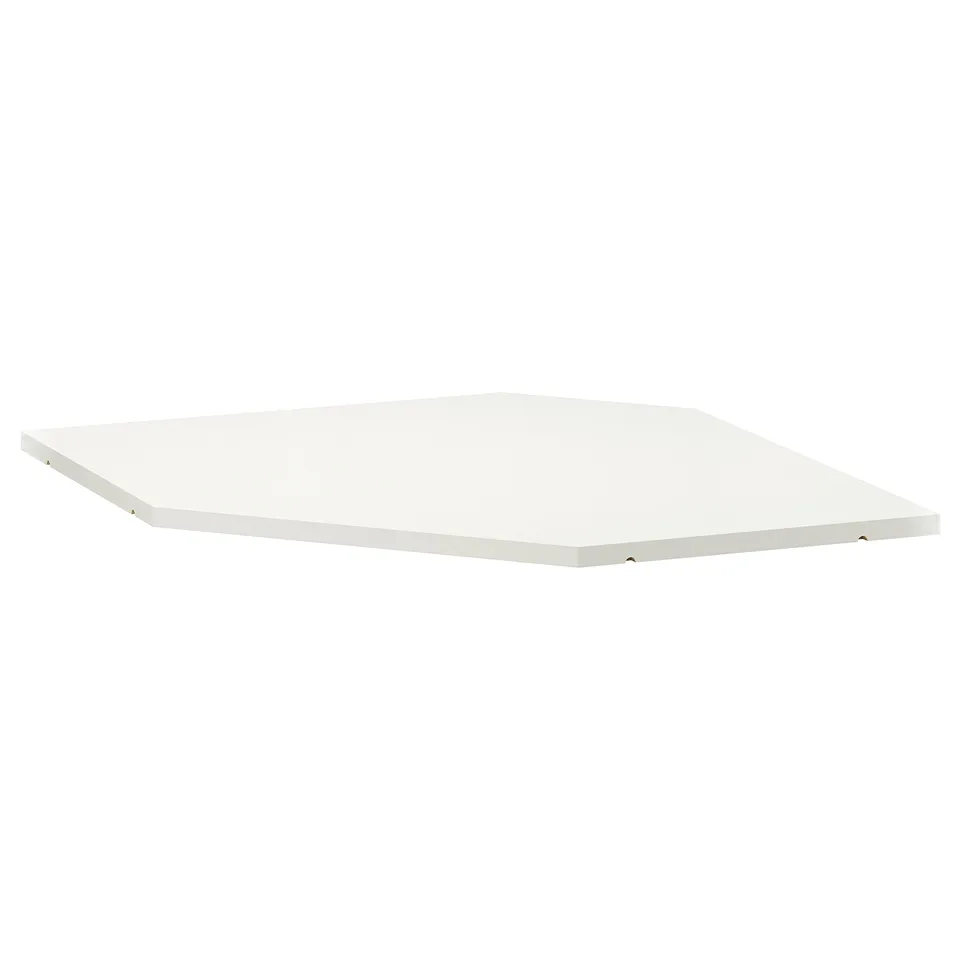 A white UTRUSTA shelf, rectangular, made of melamine with a sturdy frame, designed for corner cabinets.