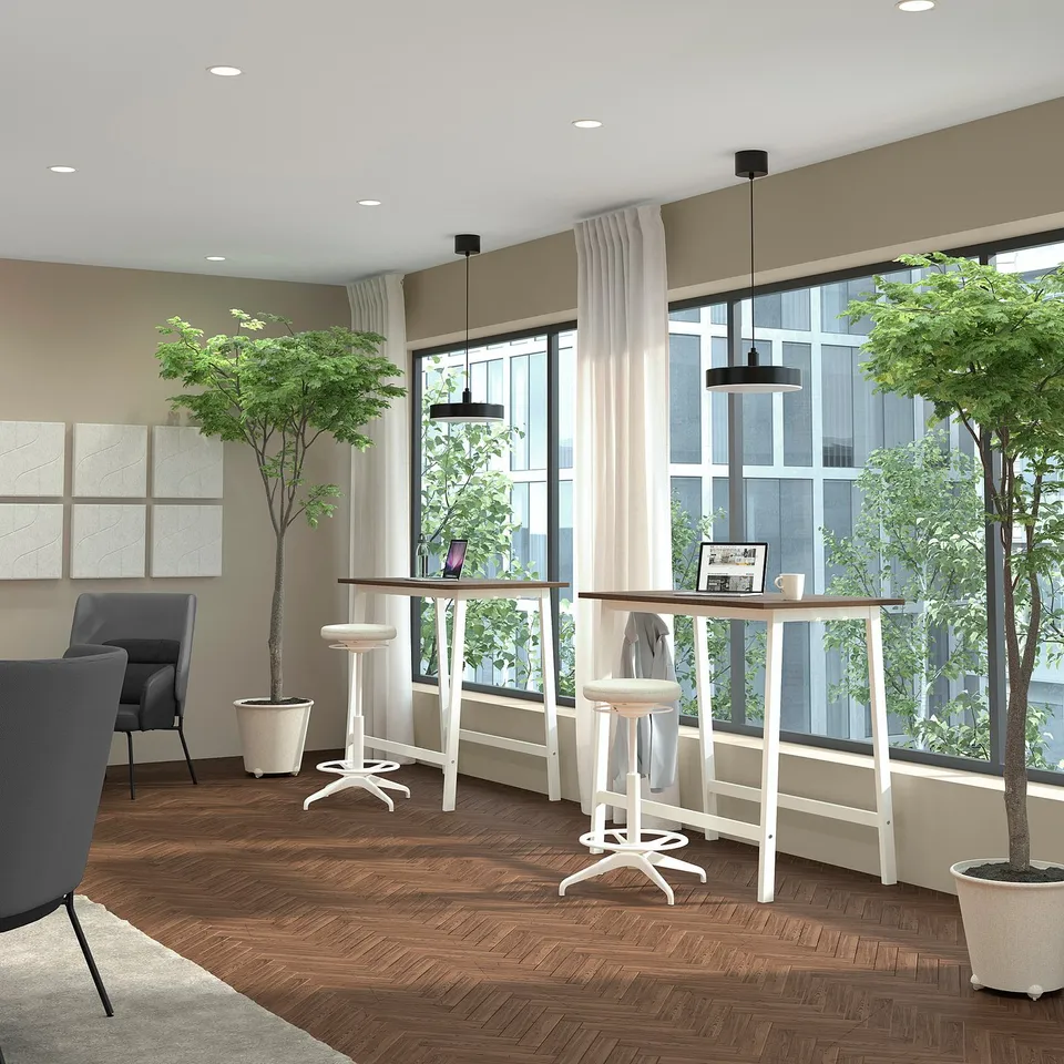 High conference table MITTZON, white, wooden top, metal base, rectangular, with footrests, large windows behind, potted plants, lit room.