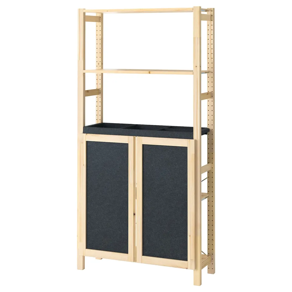 IVAR storage shelf, light pine & dark grey felt, rectangular with adjustable shelves.
