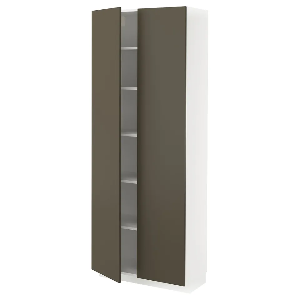Modern dark brown/beige kitchen cabinet with white frame and adjustable shelves.