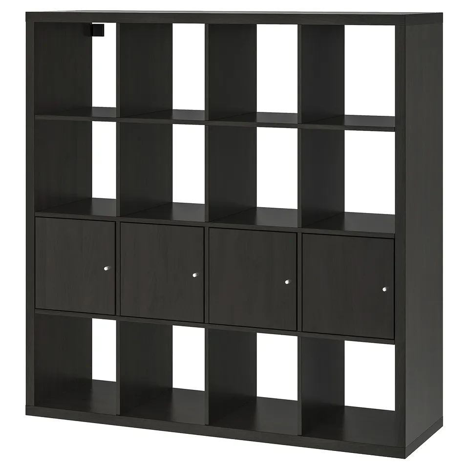 An ikea KALLAX black storage unit with a grid of cubes, some with doors.