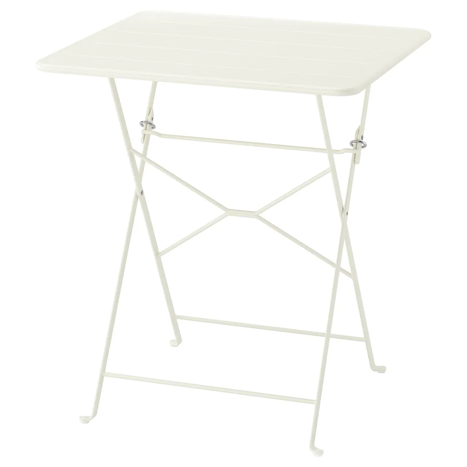 SUNDSÖ: cream-colored, foldable patio table with square top and metal x-base.