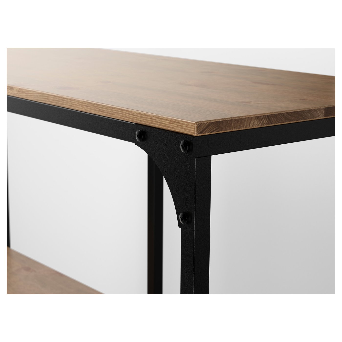 Wooden desk top with black metal legs, bolted together.