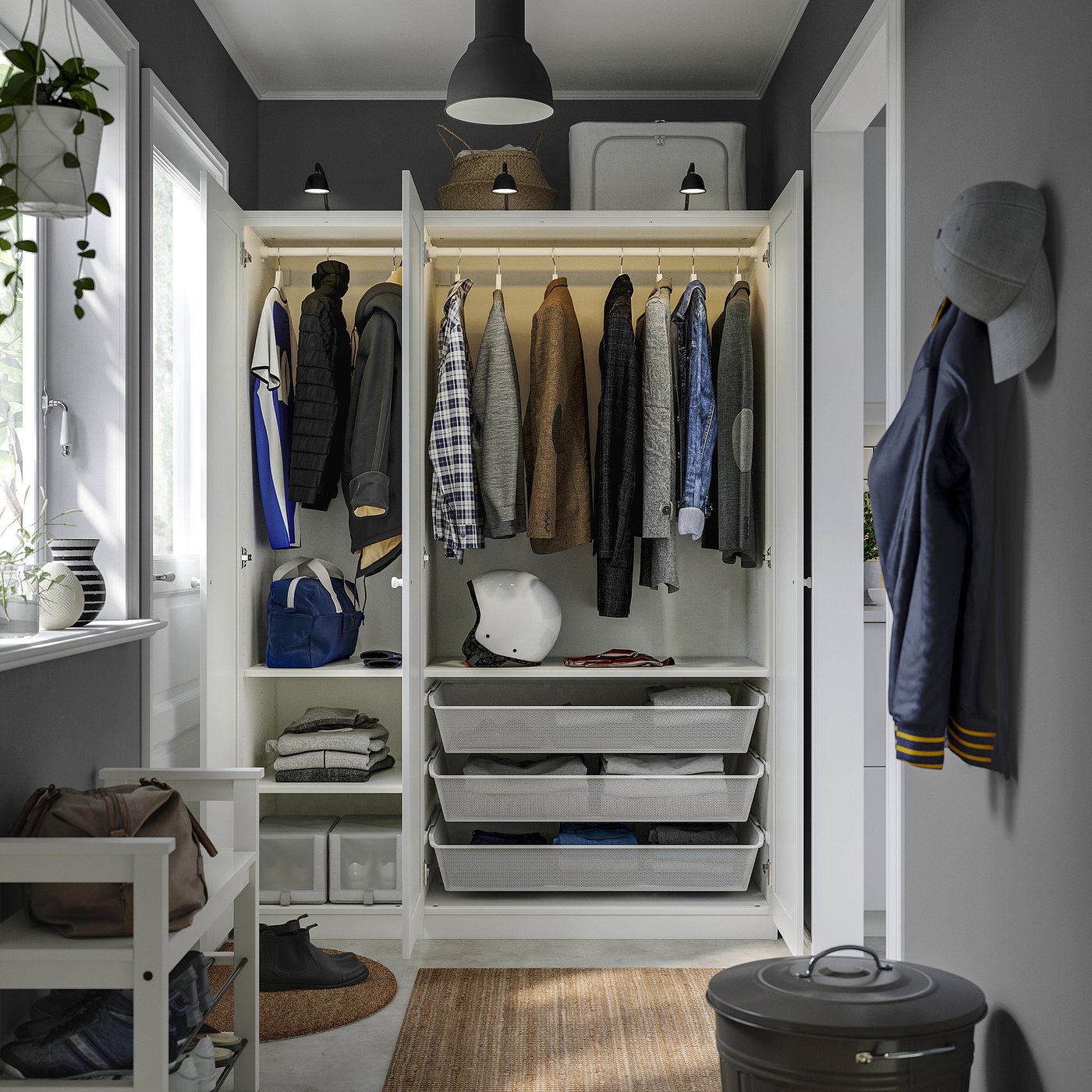 Organised closet with hangers, shelves, and baskets for clothing and accessories.