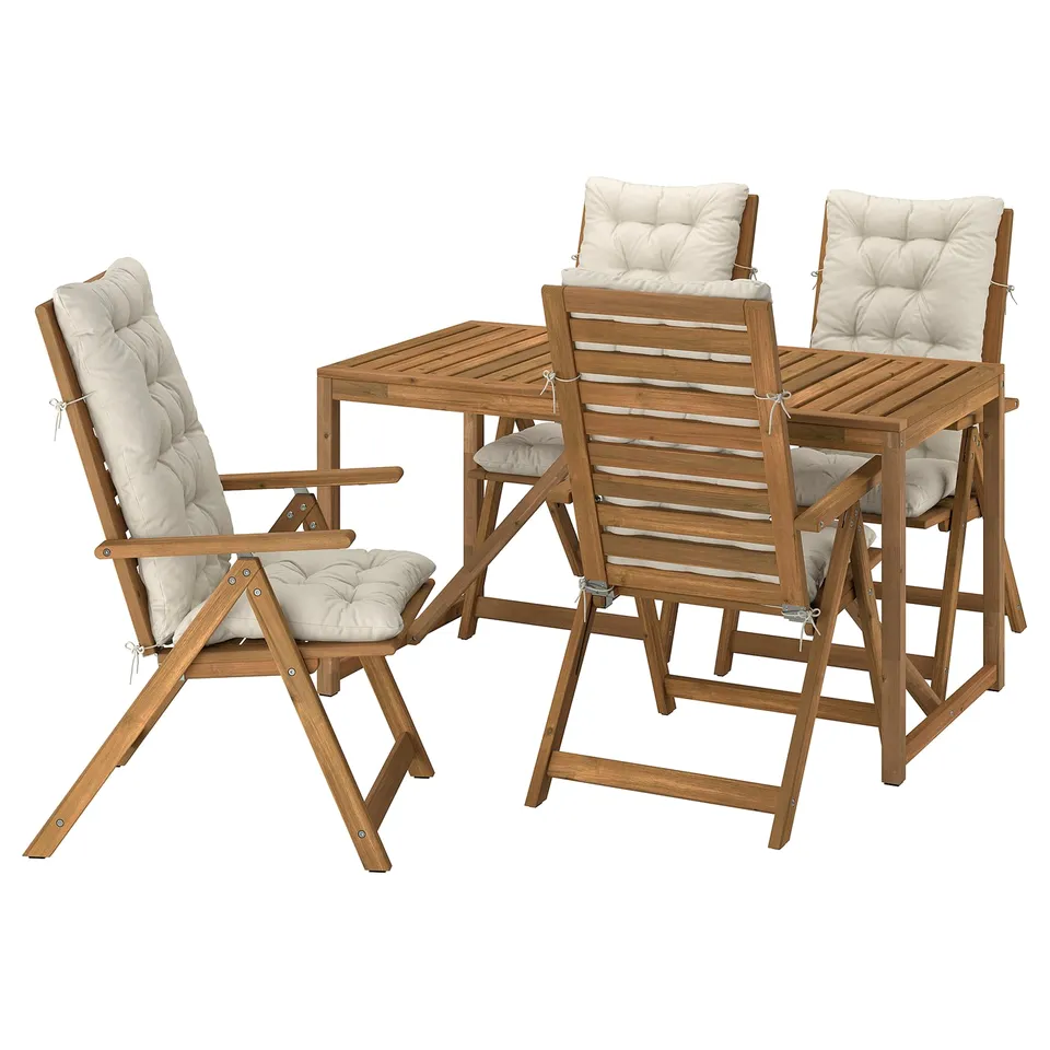 Set of wooden garden patio furniture, beige cushions.