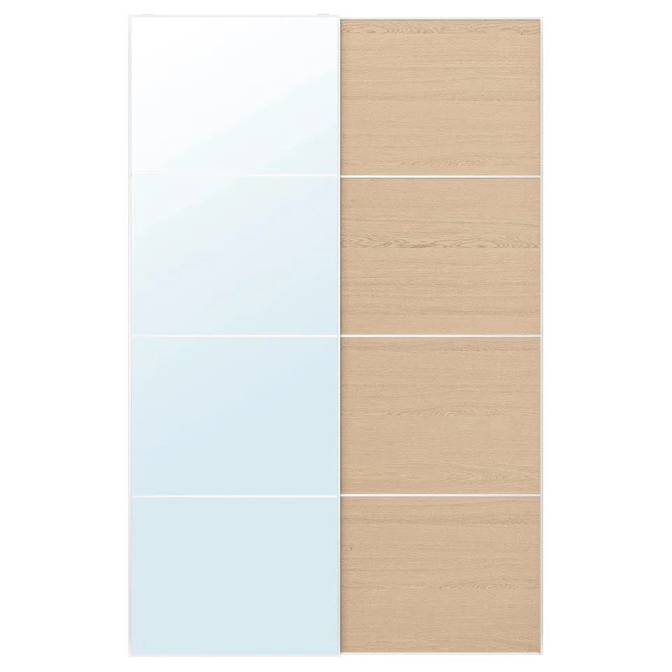 An AULI sliding closet door set, featuring a mirrored one and another with wooden panels.