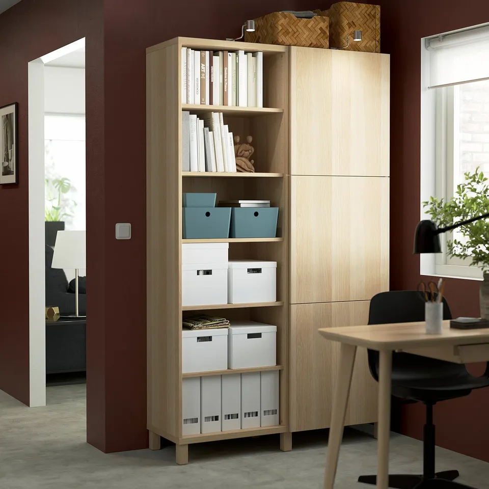 BESTÅ storage unit with open/closed sections, shelves, boxes, files, books, between door & desk, decorative.