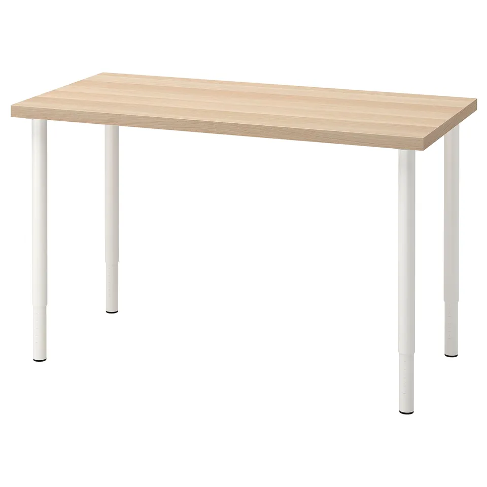 LAGKAPTEN light wood desk, rectangular shape, four adjustable white legs.