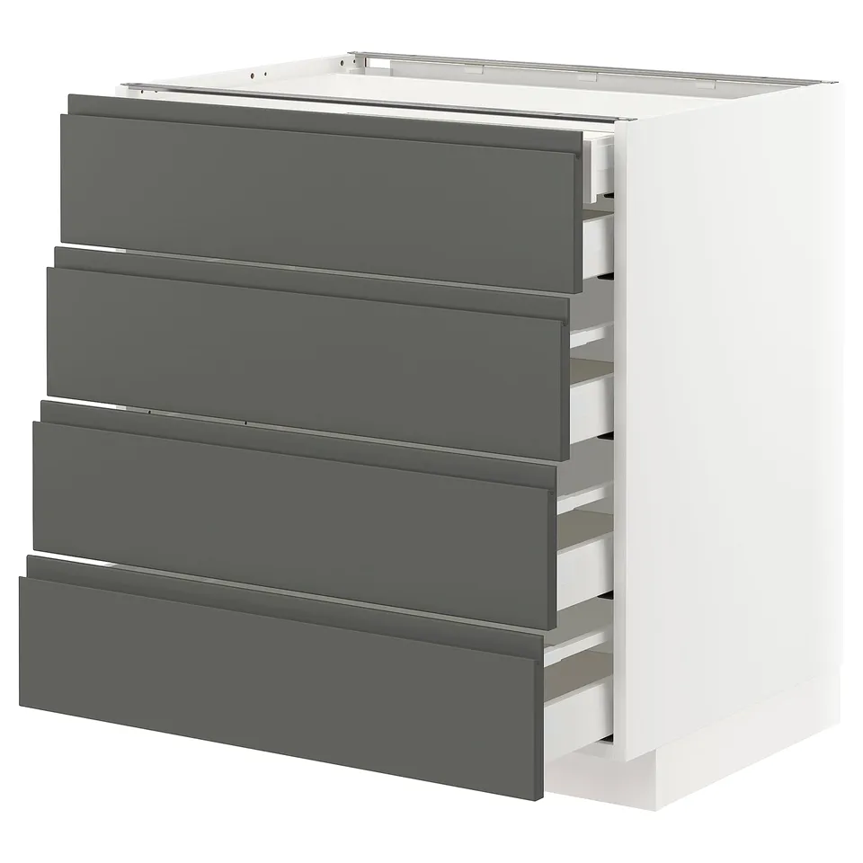 A modern grey METOD kitchen unit with four smooth drawers, offering ample storage.