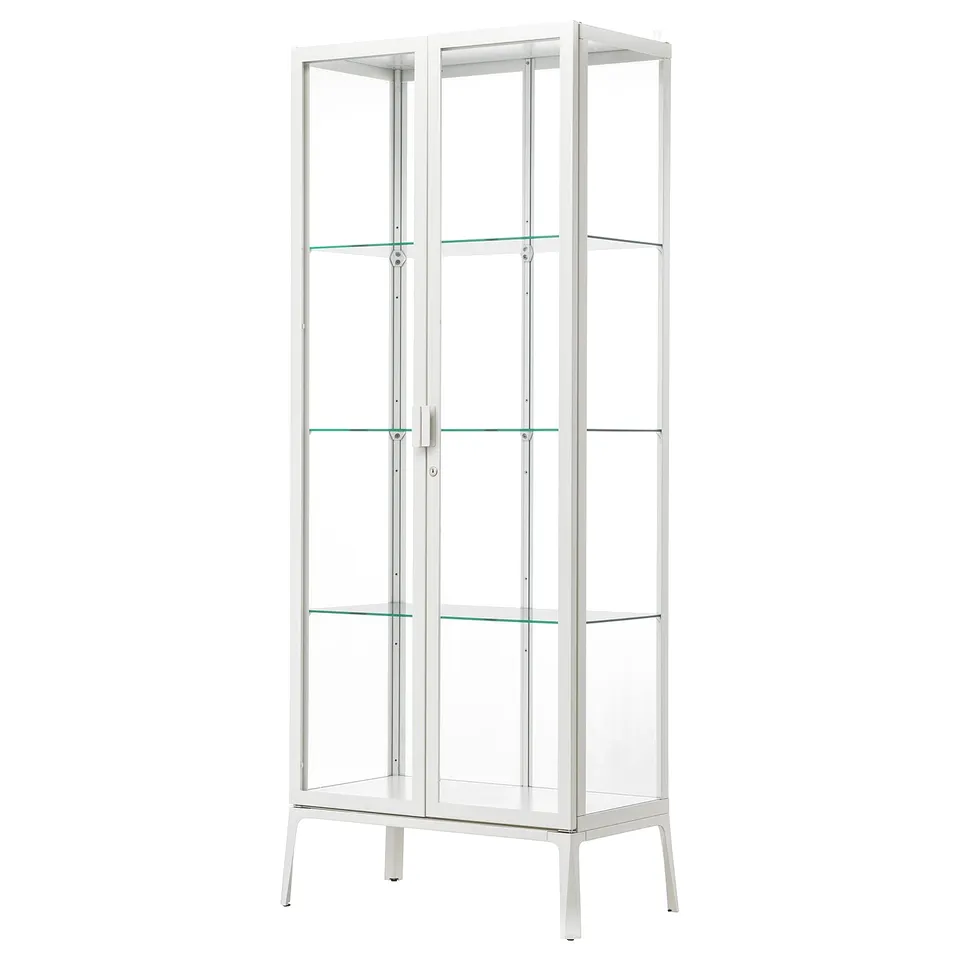 A white MILSBO glass-door cabinet with adjustable shelves, designed to showcase and protect items.