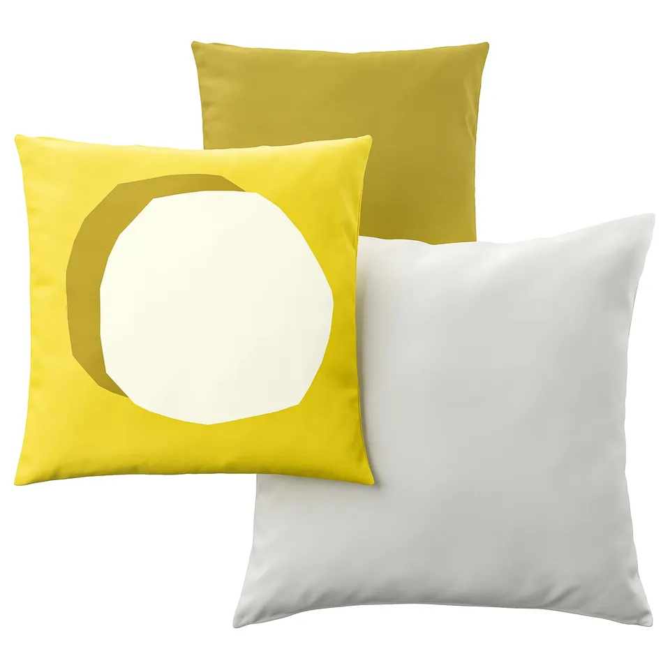 GULLBERGSÖ / HJÄRTERÖ Cushion, set of 3, mixed sizes bright yellow/white/off-white out/indoor