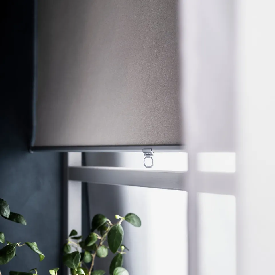 Grey roller blind philtres light, cordless for safety, mounted near green plant.