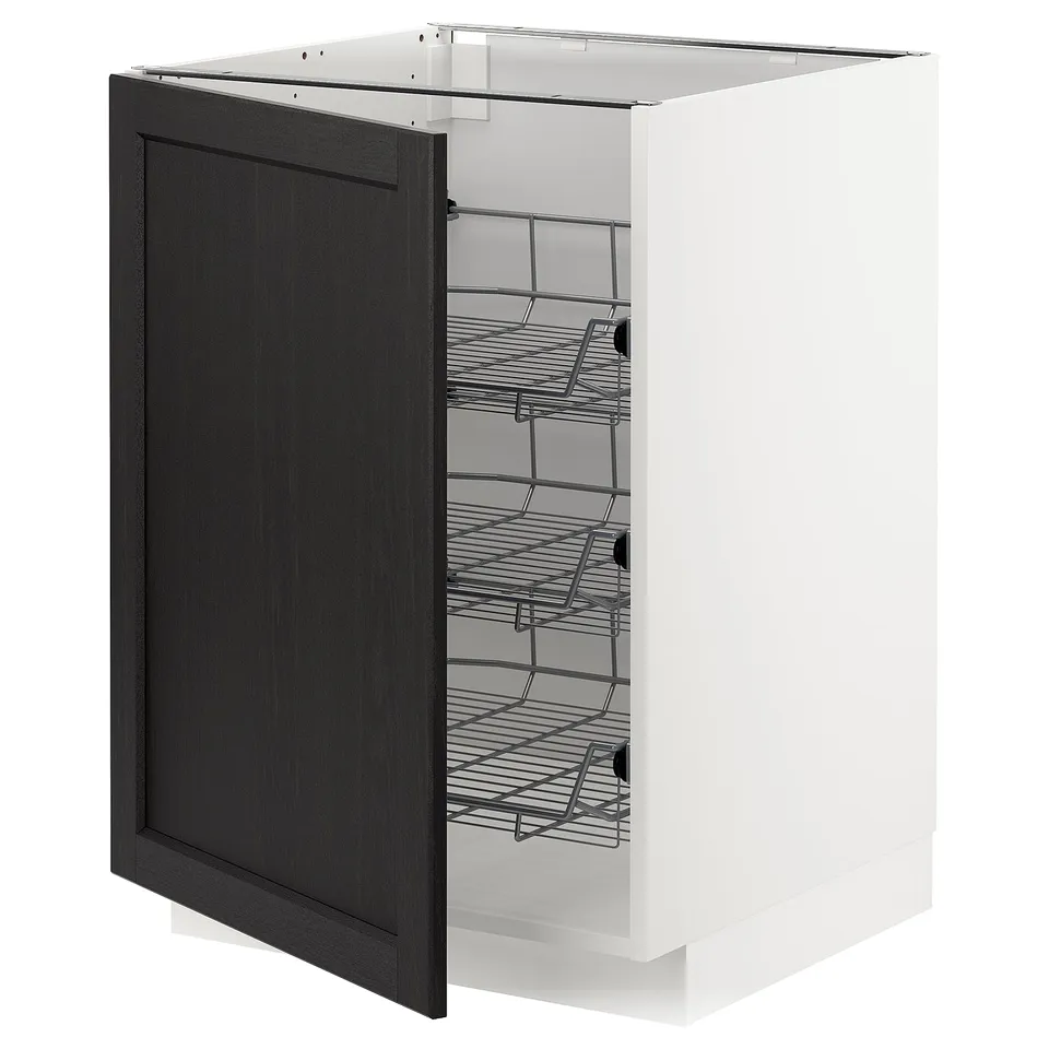 Modern kitchen cabinet with black stained wood door, featuring pull-out wire baskets.