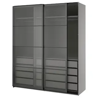 PAX / LUNDBRÄSMA wardrobe with sliding doors, dark grey black/checkered glass, 200x66x236 cm