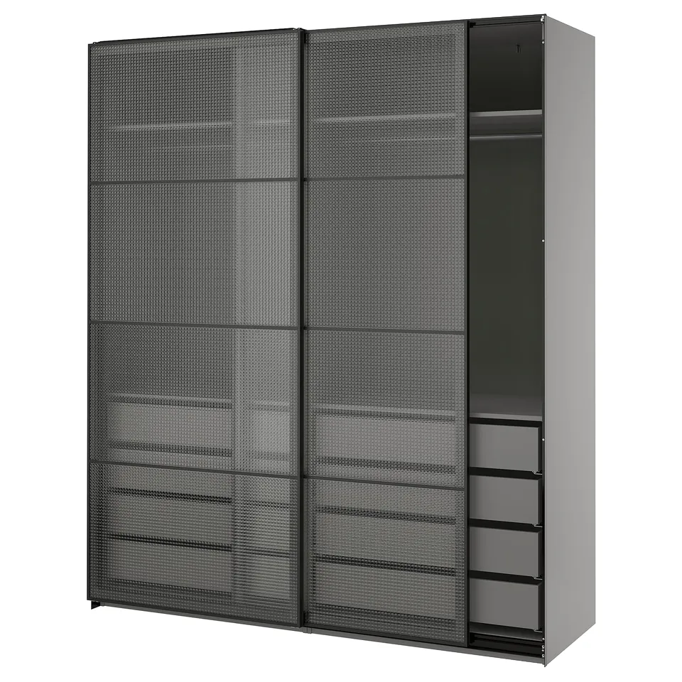 PAX / LUNDBRÄSMA Wardrobe with sliding doors, dark grey black/checkered glass, 200x66x236 cm