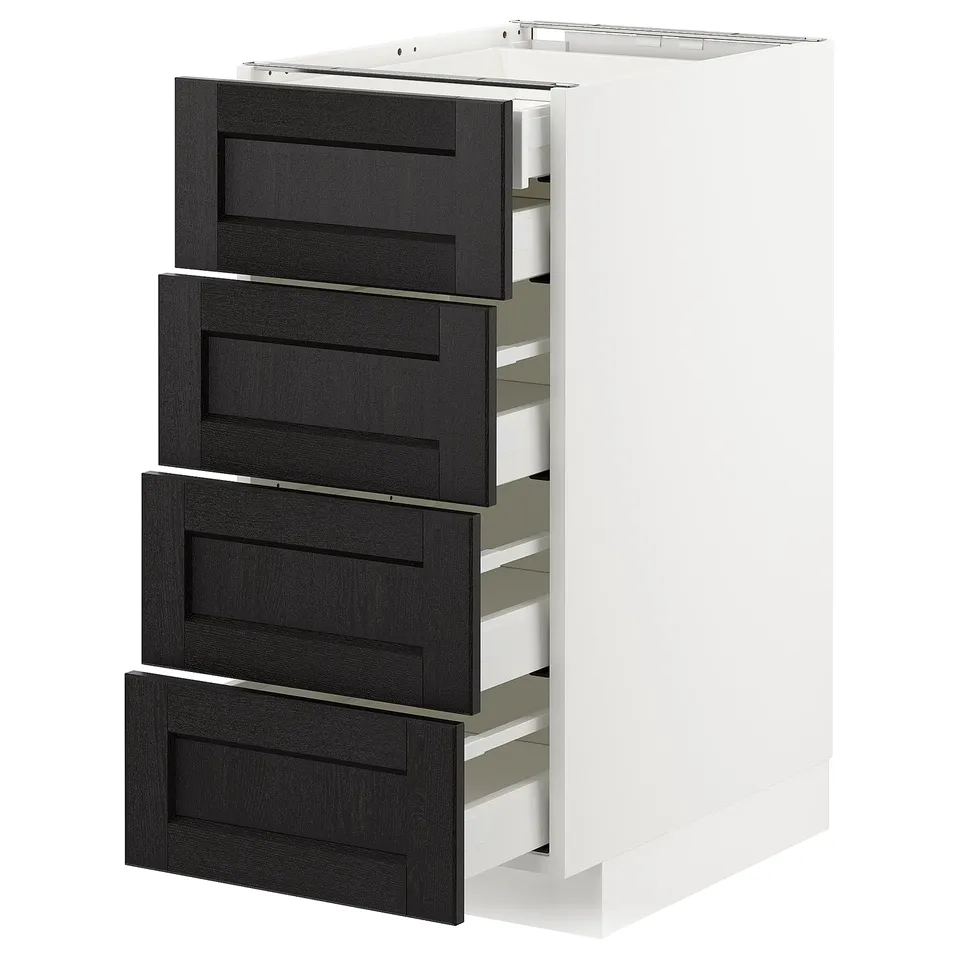 Modern METOD kitchen cabinet with black drawers, dark wood.