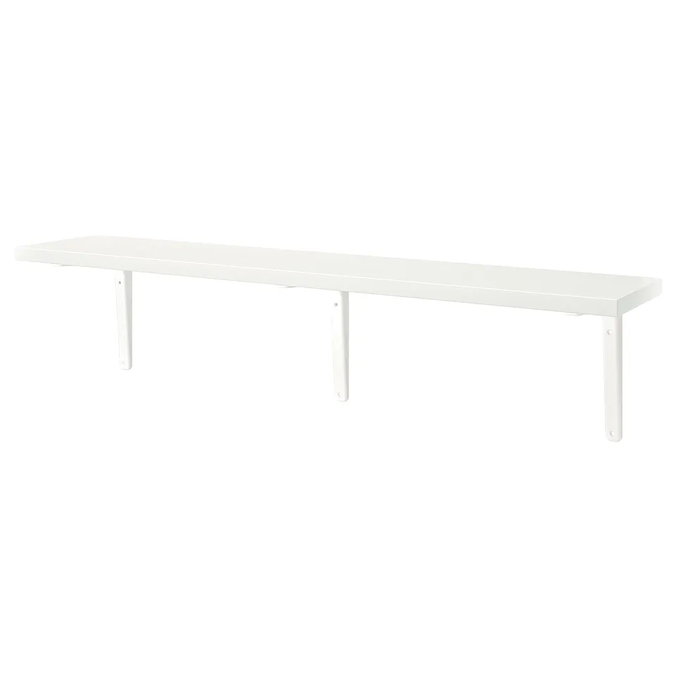 White BERGSHULT wall shelf, rectangular, simple design, supported by metal brackets.