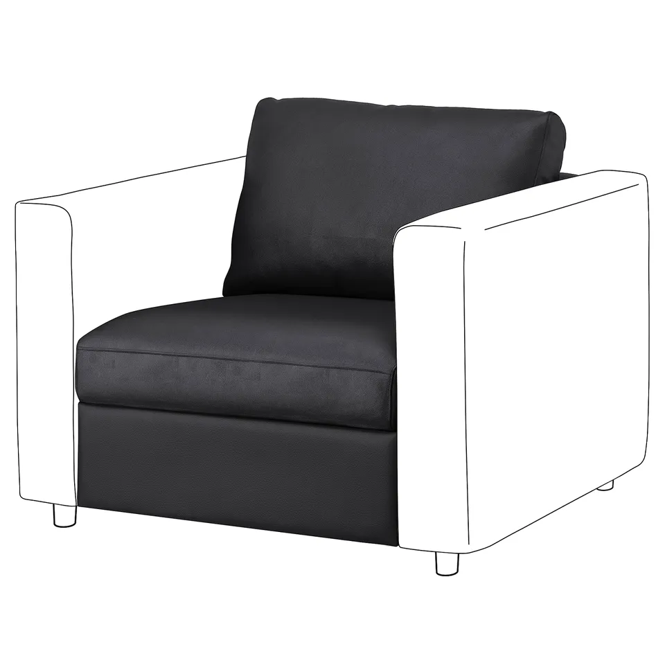 Modern, dark grey sofa with cube-like design, sleek lines, and square armrests.