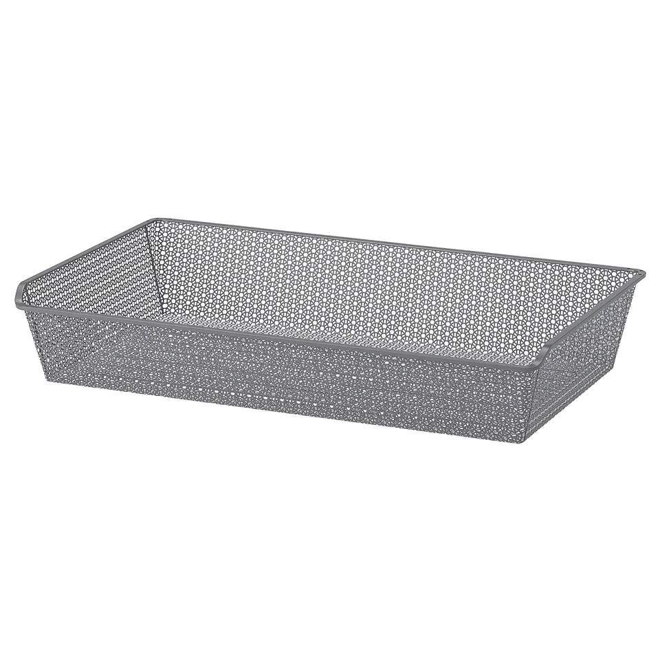 Metal basket, grey, rectangular, perforated.