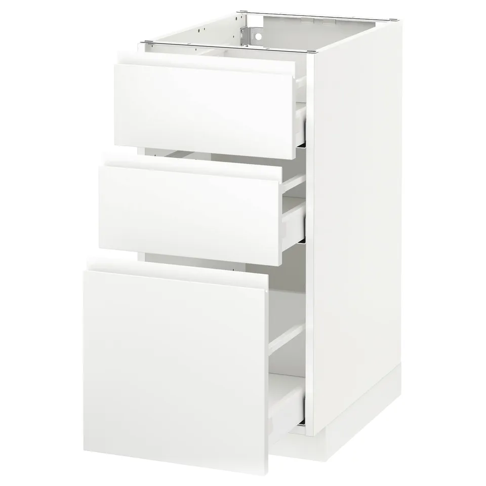 METOD white kitchen cabinet with three drawers, minimalist design.