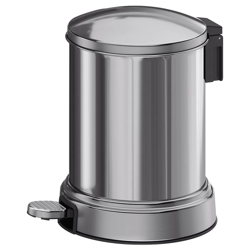 BROFJÄRDEN silver bin, round, stainless steel, soft-close lid, chic design.