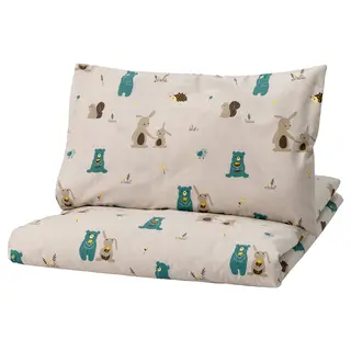LEN duvet cover 1 pillowcase for cot, beige/bunny and bear pattern, 110x125/35x55 cm