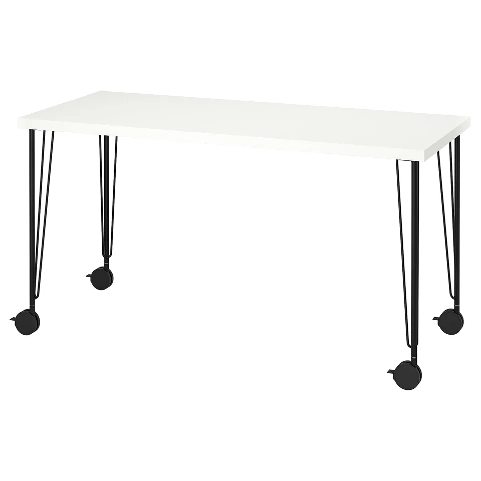 LAGKAPTEN, white desk, modern design, metal legs, four wheels, white top.