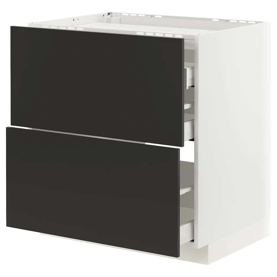 Modern black & white kitchen cabinet with 3 drawers and sleek design.