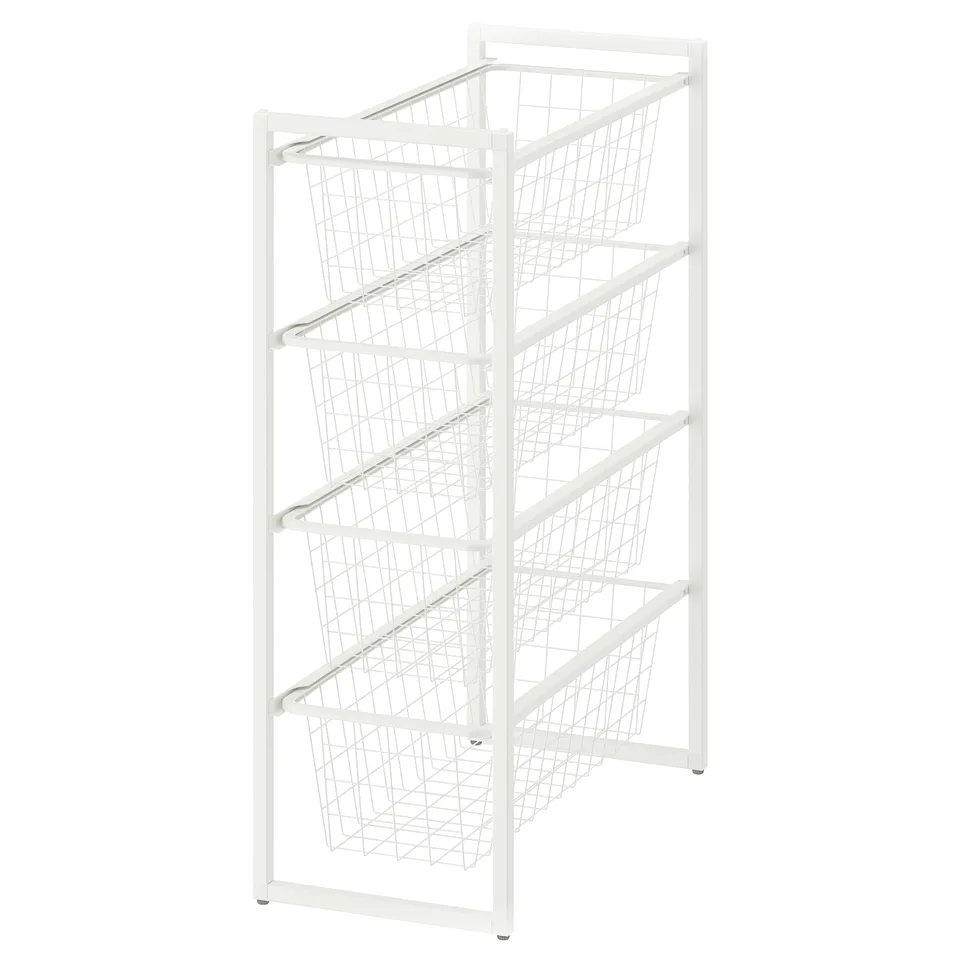White JONAXEL storage unit, 5 wire baskets, slim rectangle shape for compact spaces.