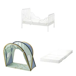 ELDFLUGA/MINNEN/ÖMSINT set: ext bed frame with slatted bed base + bed tent + pocket spring mattress for ext bed