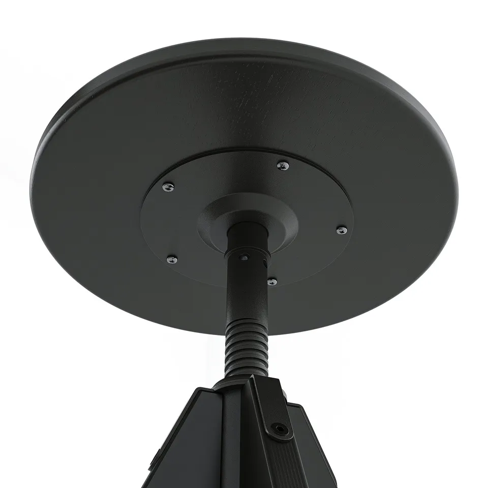 Black stool with adjustable height, featuring a round seat and sturdy base, designed for durability and ease of use.
