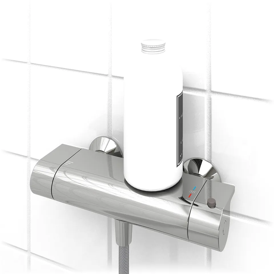 Modern thermostatic shower mixer with safety stop, cold touch, chrome finish, wall-mounted, includes shelf for shampoo.