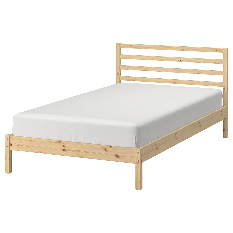TARVA wooden bed in natural colour, rectangular shape with slatted headboard, supports mattress, simple & practical design.