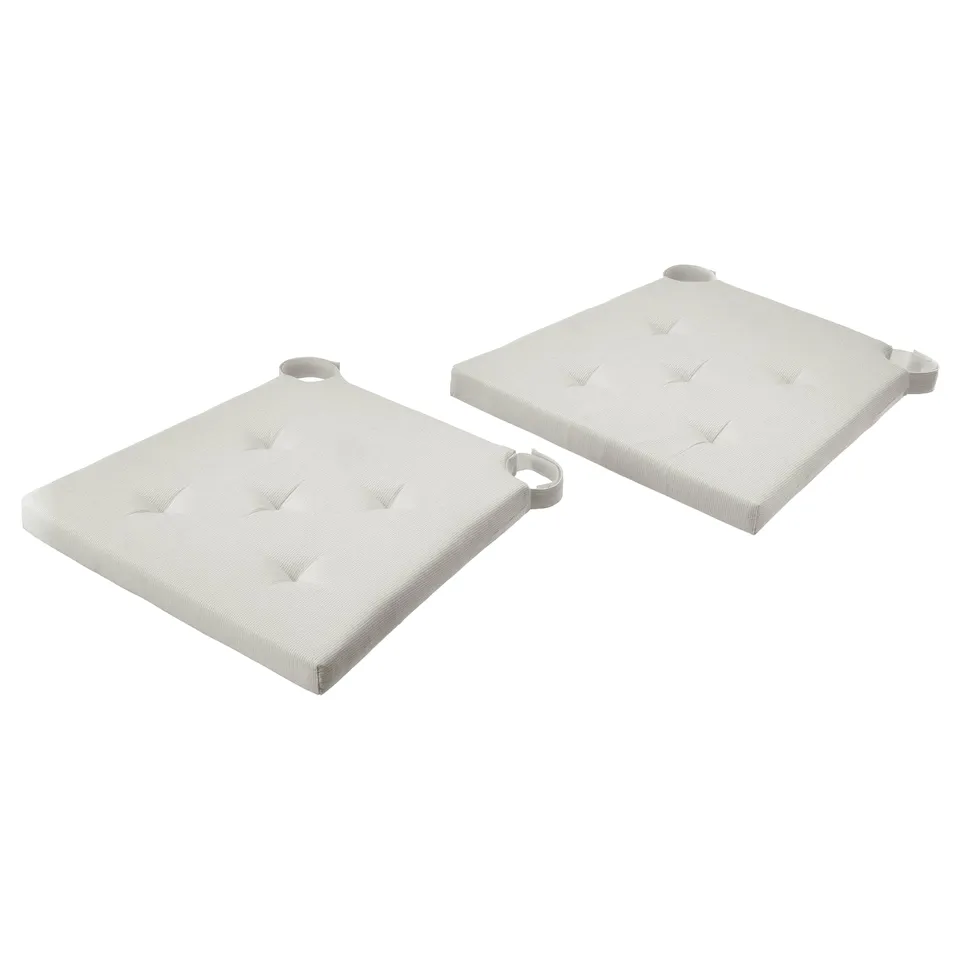 Two light grey rectangular cushions, one with loop fasteners. Soft, cotton-covered foam, designed for comfort.