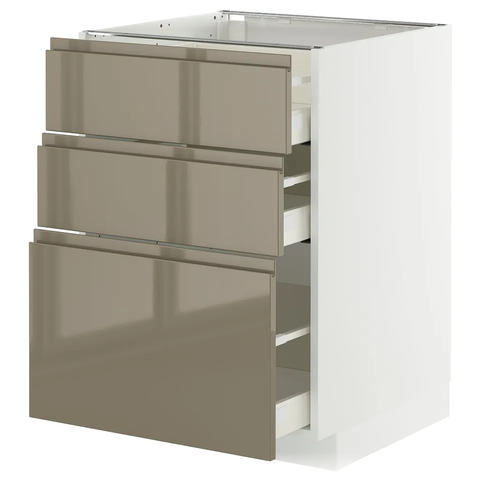 METOD kitchen cabinet with dark grey-brown gloss fronts, sleek drawers.