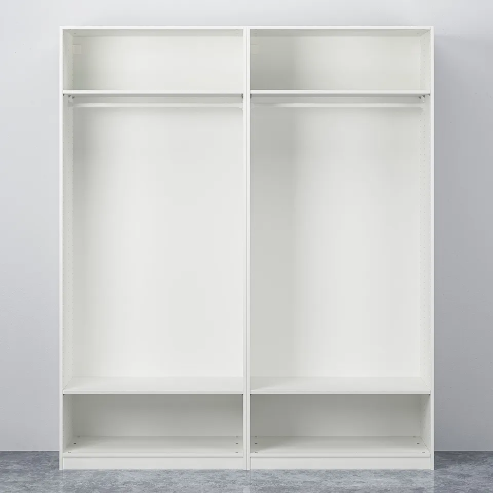 Empty white wardrobe with adjustable feet, wall mounting, and internal space.