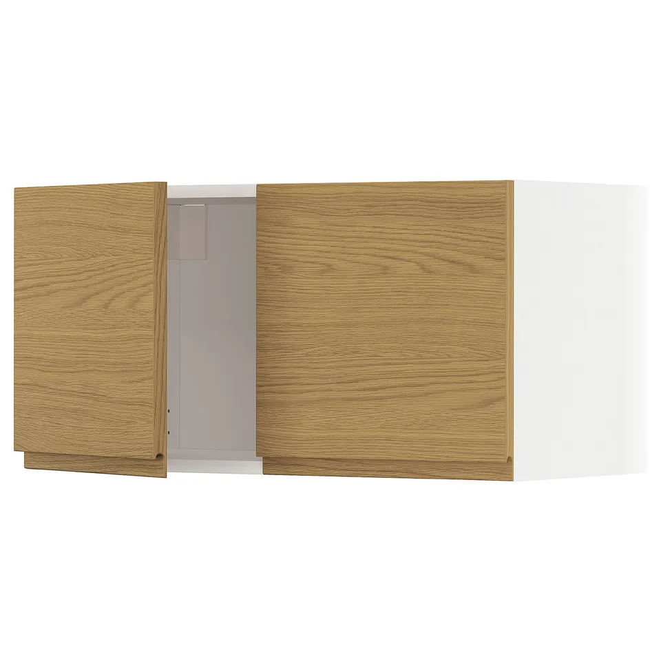 A wooden kitchen cabinet set with a light oak finish and sleek design.