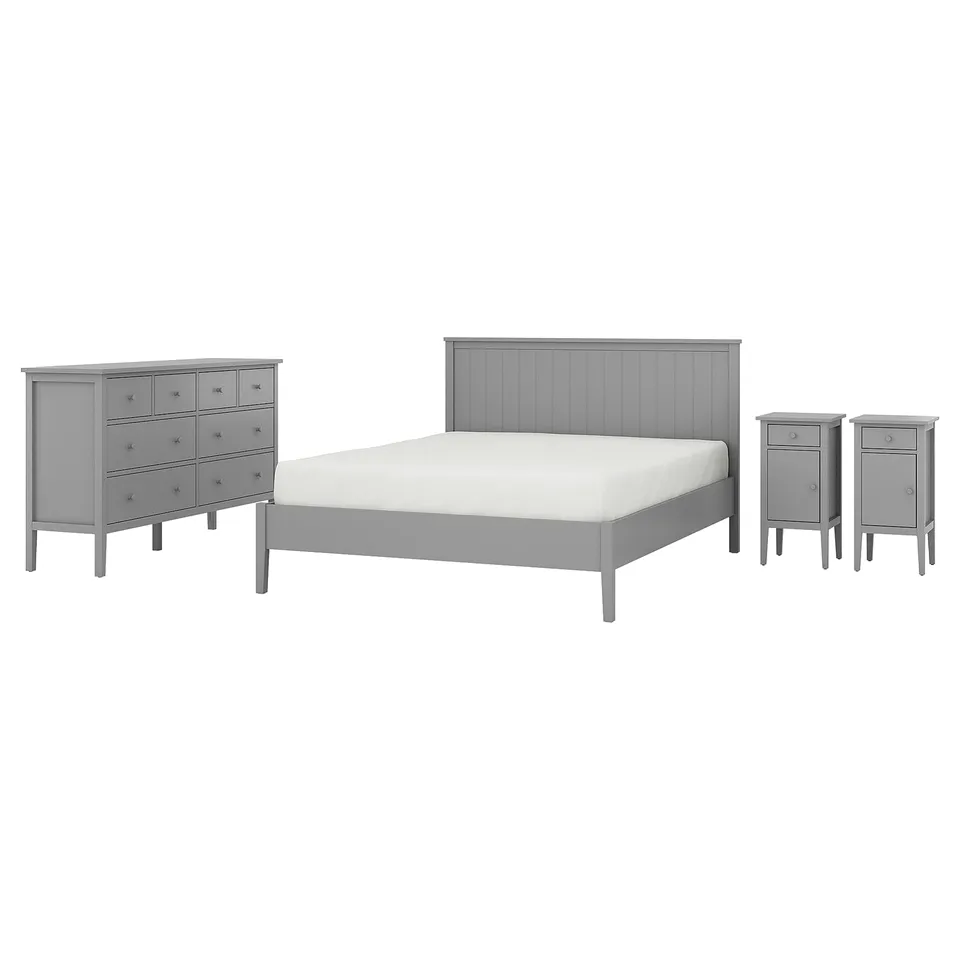 A grey GULLABERG bedroom set including a bed, two nightstands, and a dresser. Items are made from wood and painted grey with simple design.