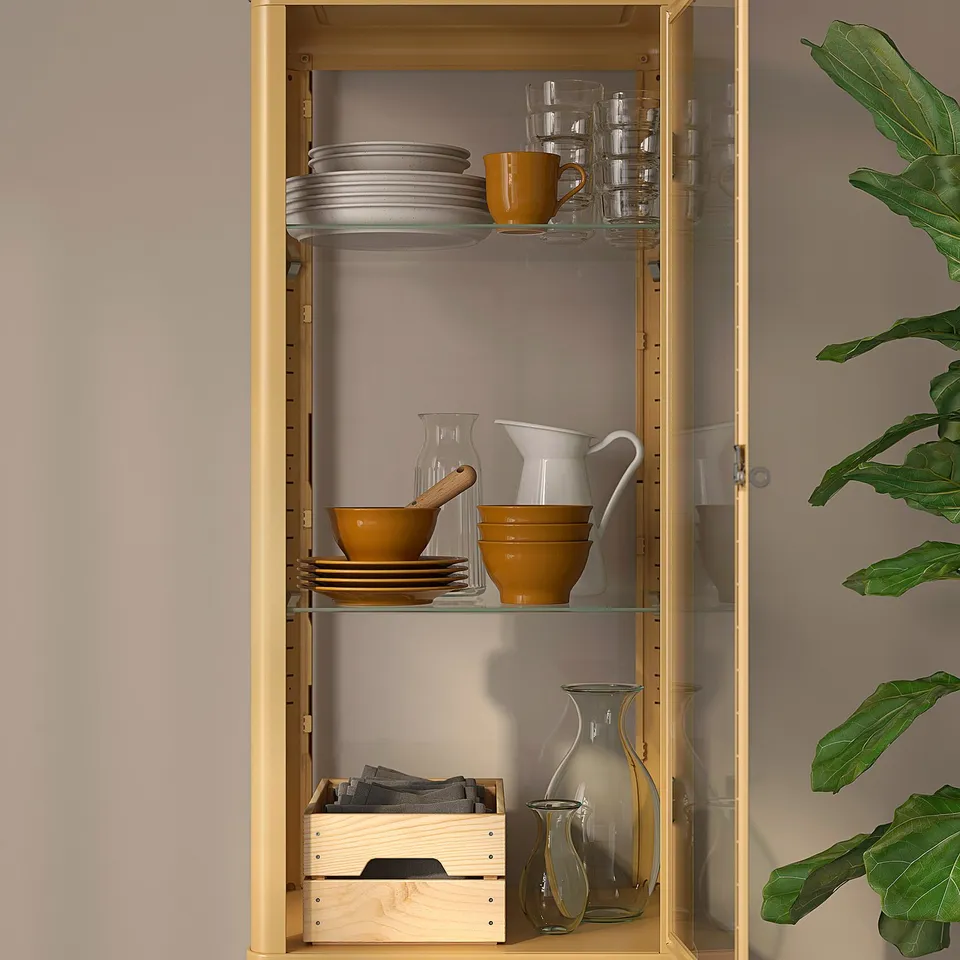 FABRIKÖR Glass-door cabinet, dark yellow, 57x150 cm