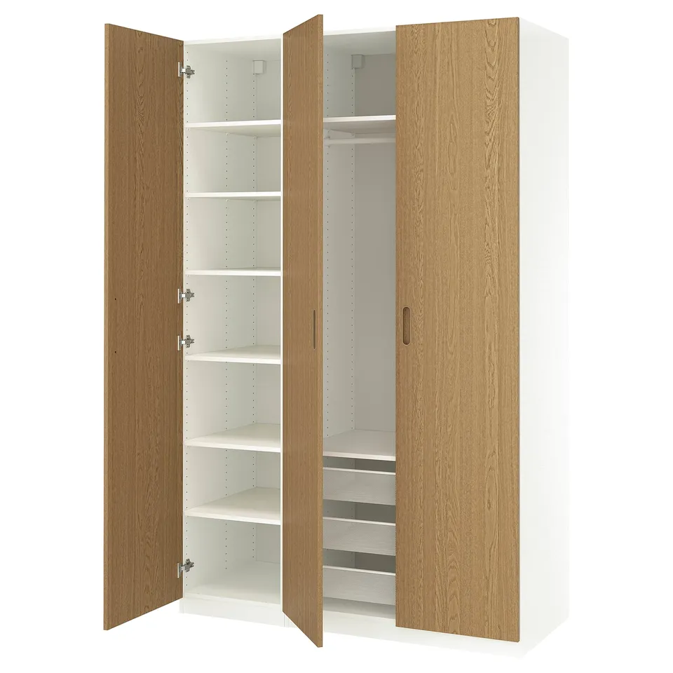 PAX wardrobe: white and oak, tall, rectangular, with shelves and drawers, minimalist design.