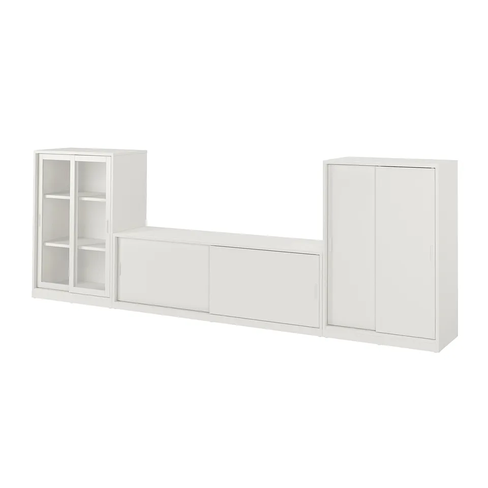 Experience TONSTAD, a classic off-white storage combo. Sleek sliding doors and adjustable shelves, perfect for organising cables or displaying items.