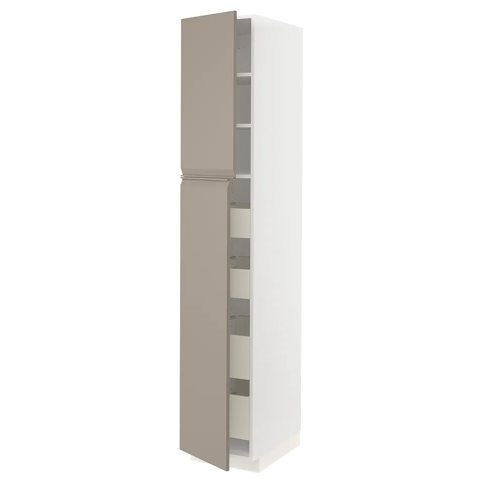 METOD kitchen unit with multiple shelves, light grey-beige finish, built-in handle, and chamfered edge.