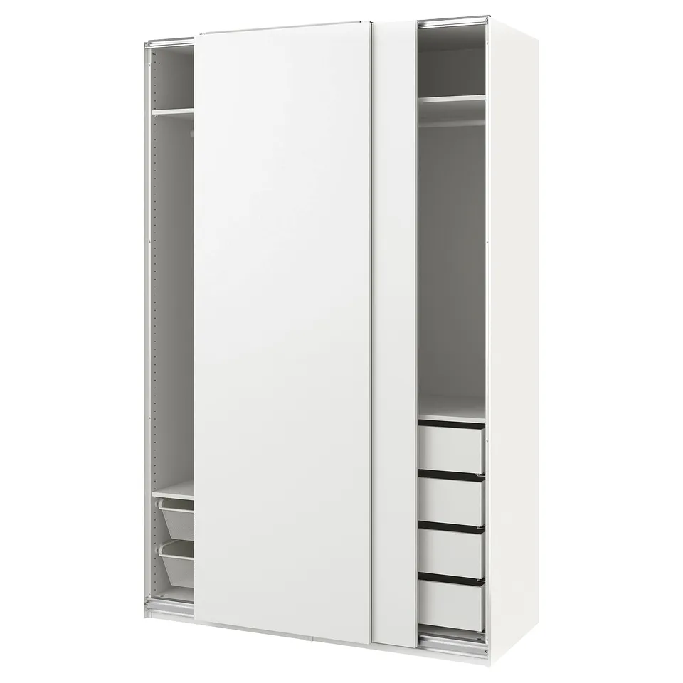 A white ikea PAX wardrobe with sliding doors, featuring glass drawers and metal railings.