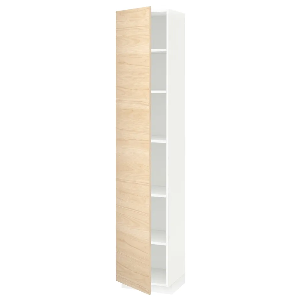 METOD white cabinet, light wood door, three shelves.